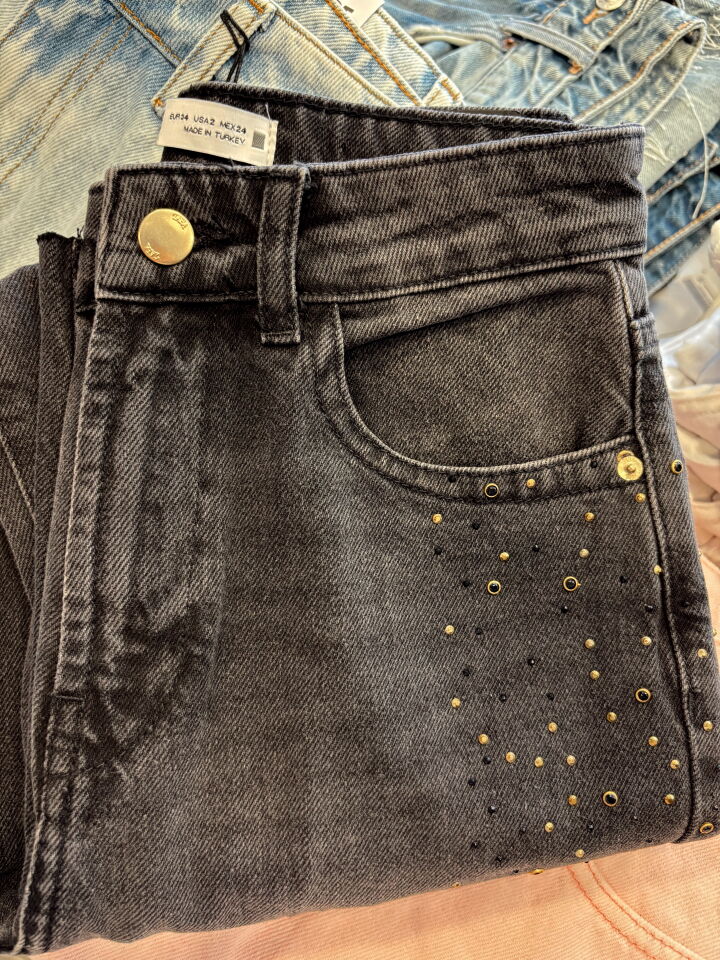 Tasarım Taşlı Yüksek Bel Straight Fit Jean Pantolon Antrasit