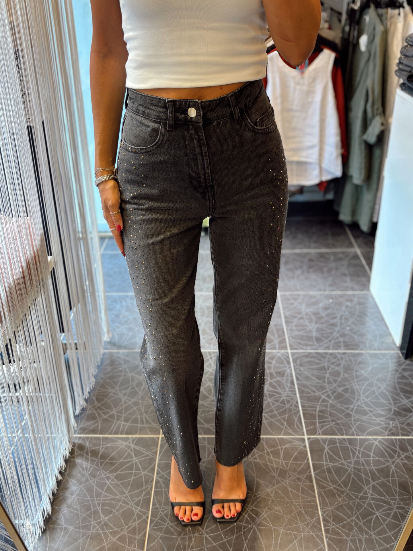 Tasarım Taşlı Yüksek Bel Straight Fit Jean Pantolon Antrasit