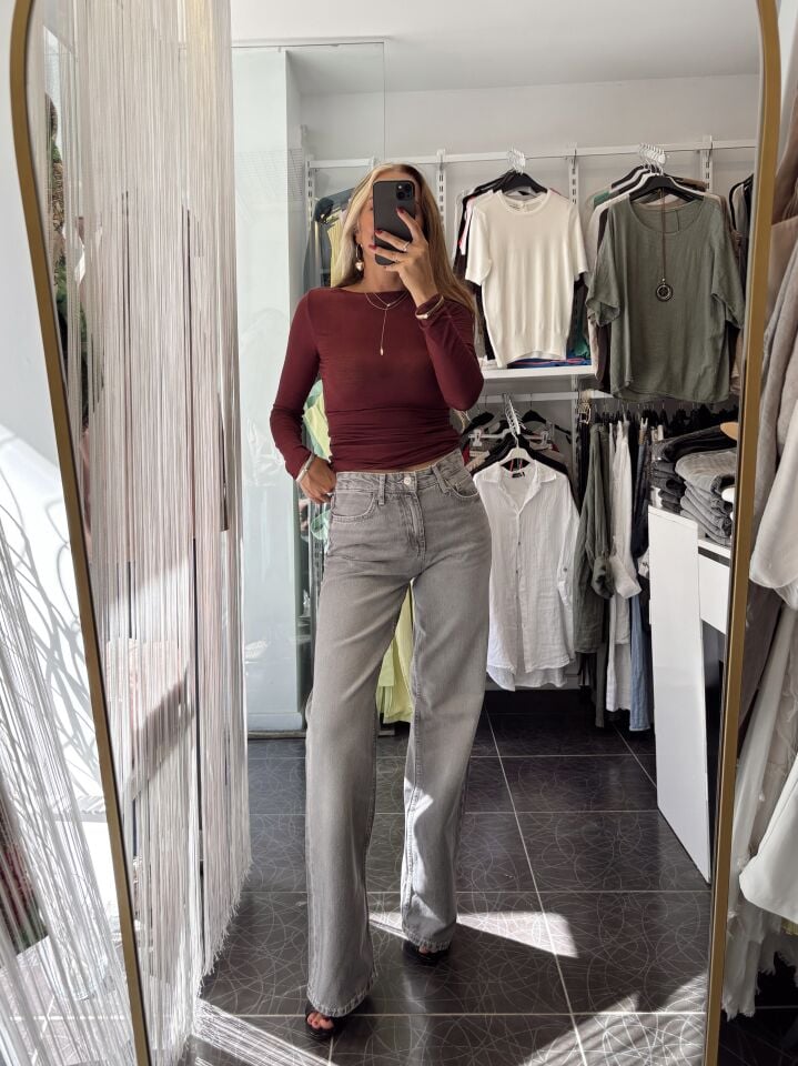 Wide Leg Orta Bel Jean Pantolon Gri