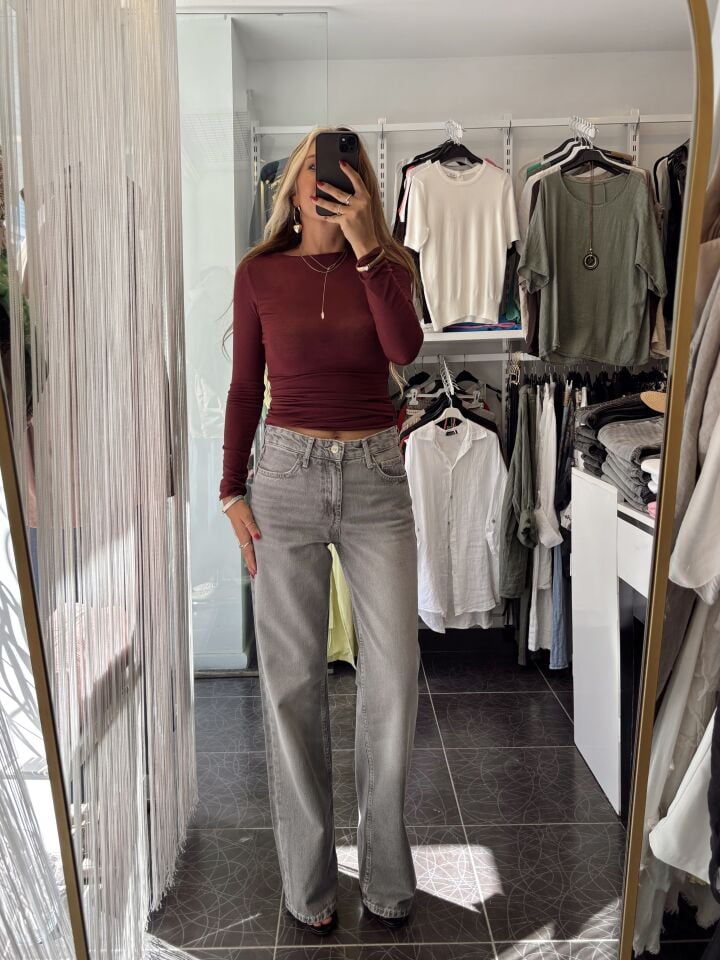 Wide Leg Orta Bel Jean Pantolon Gri