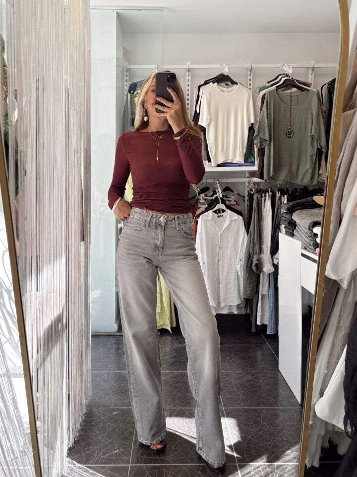 Wide Leg Orta Bel Jean Pantolon Gri