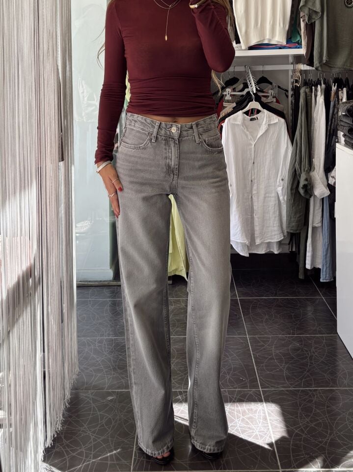Wide Leg Orta Bel Jean Pantolon Gri