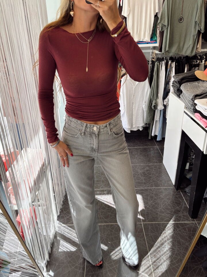 Wide Leg Orta Bel Jean Pantolon Gri