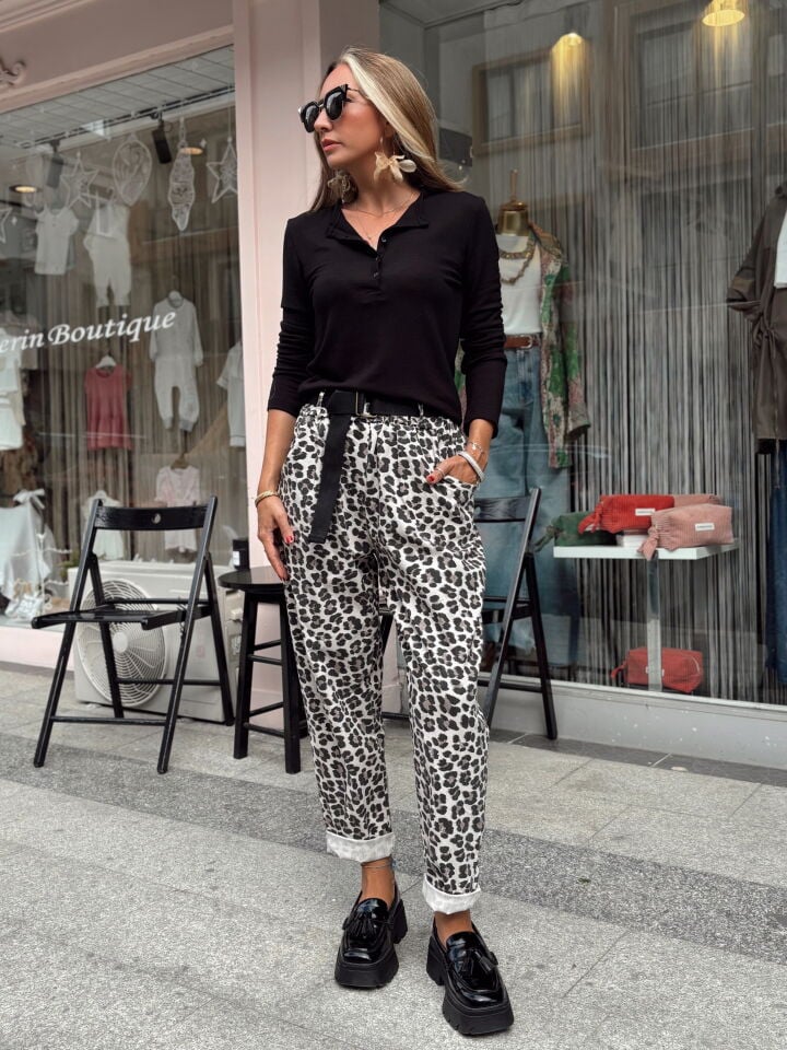 İthal Leopar Desen Kemerli Rahat Pantolon