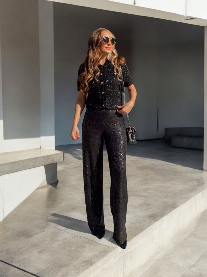 Simli Kısa Kol Hırka Siyah
