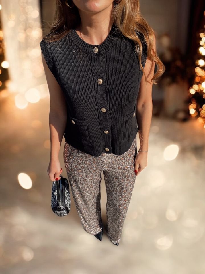 Bisiklet Yaka Düğmeli Cepli Triko Yelek Siyah