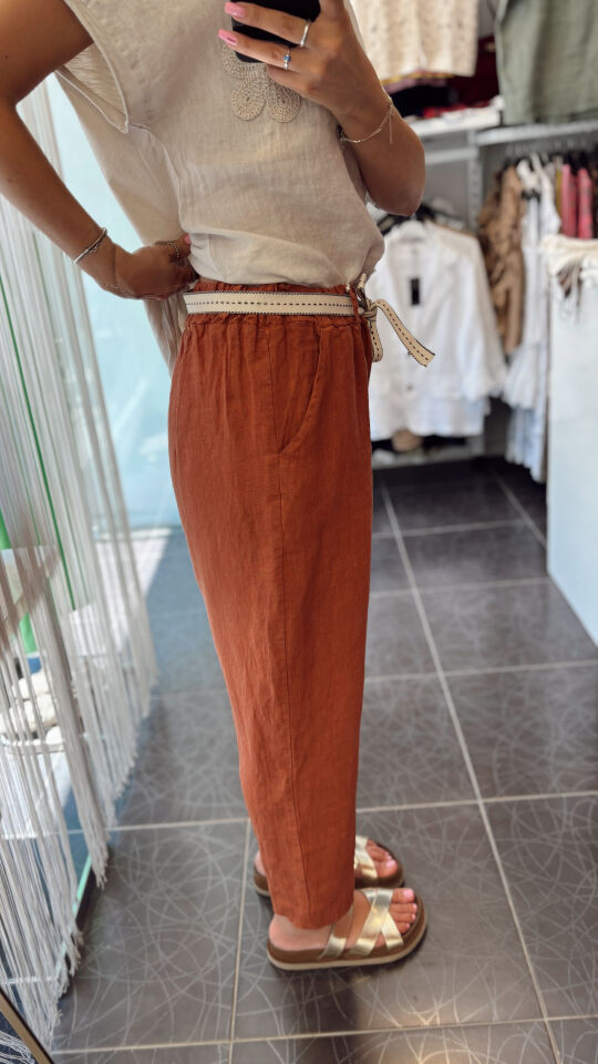 İthal İp Kemerli Keten Pantolon Kiremit