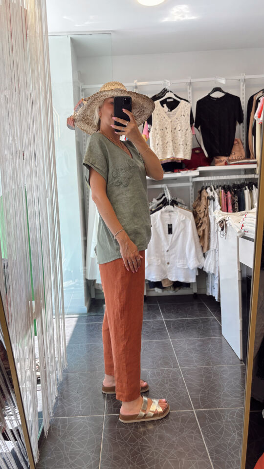 İthal İp Kemerli Keten Pantolon Kiremit