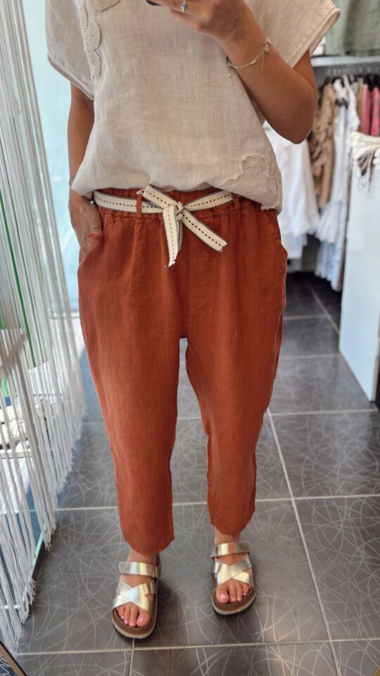 İthal İp Kemerli Keten Pantolon Kiremit