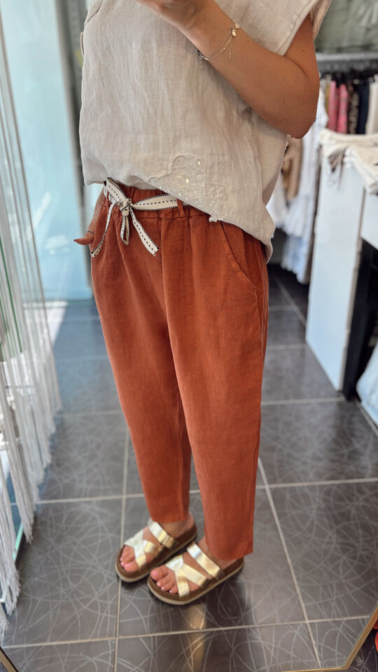 İthal İp Kemerli Keten Pantolon Kiremit