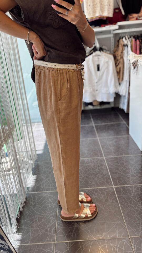 İthal İp Kemerli Keten Pantolon Cappuccino