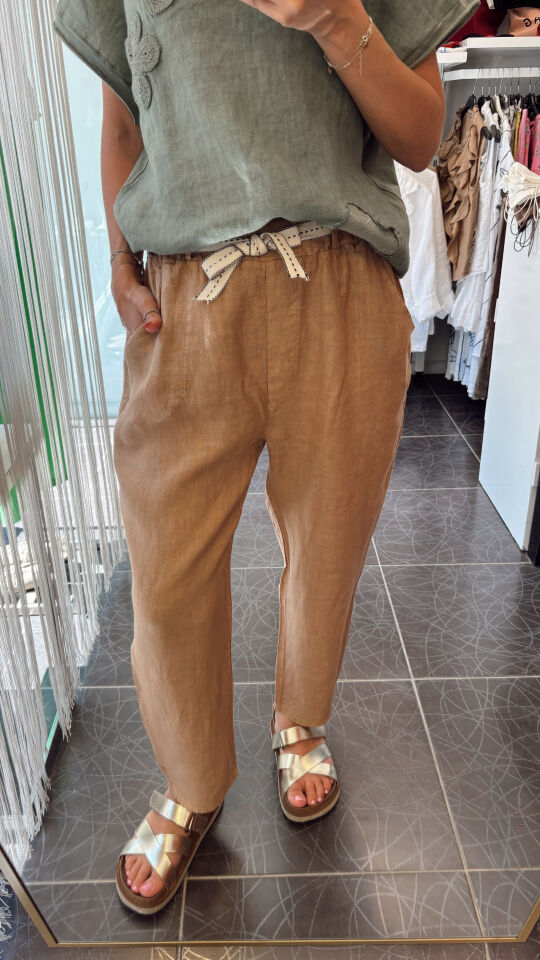İthal İp Kemerli Keten Pantolon Cappuccino