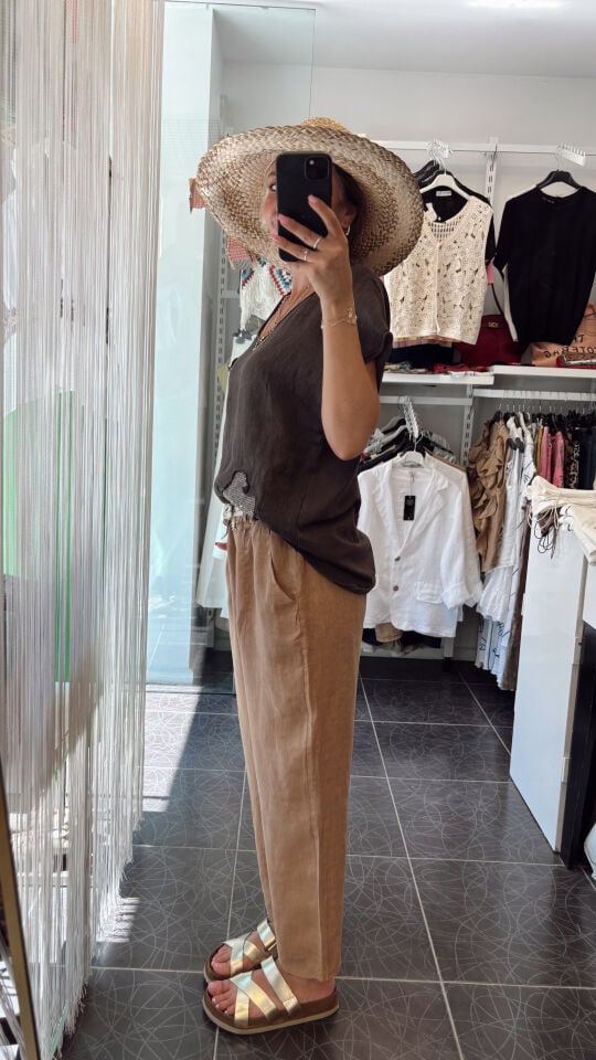 İthal İp Kemerli Keten Pantolon Cappuccino