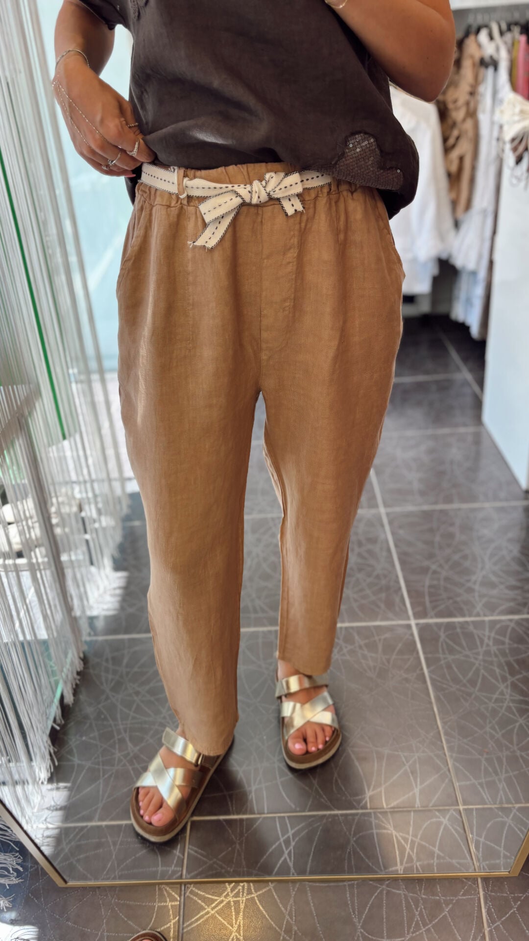 İthal İp Kemerli Keten Pantolon Cappuccino
