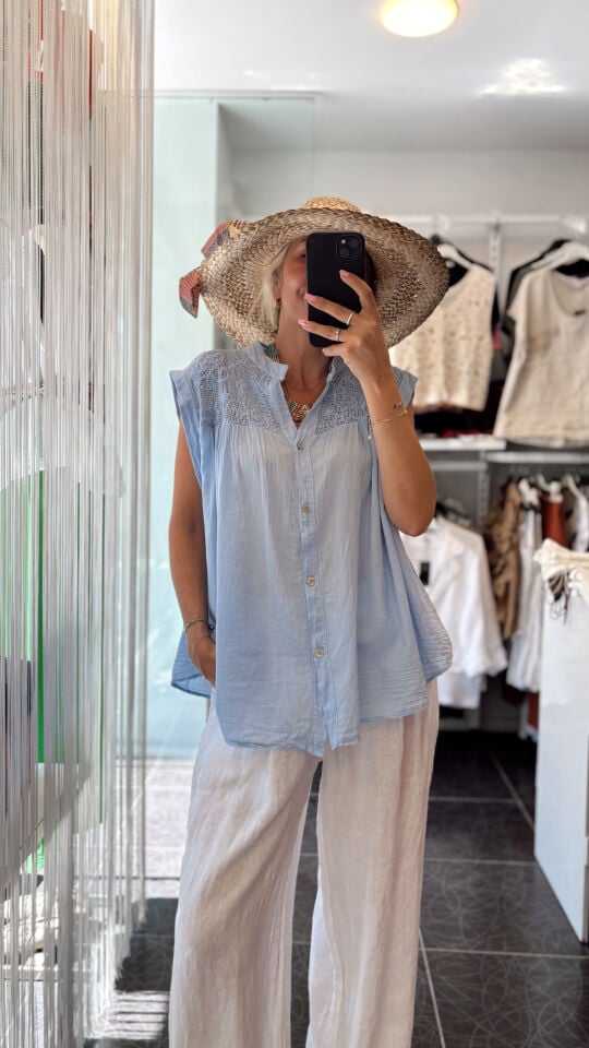 İthal Dantelli Kısa Kol Bluz Pamuk Bluz Mavi