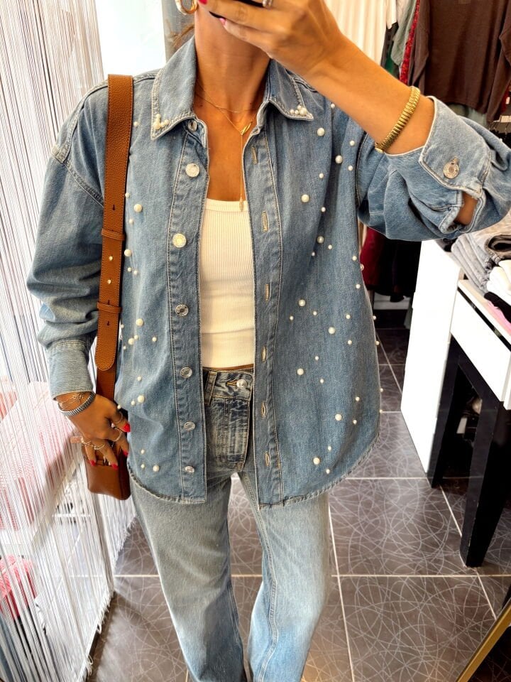 Orj. Marka İncili Mavi Denim Gömlek Ceket