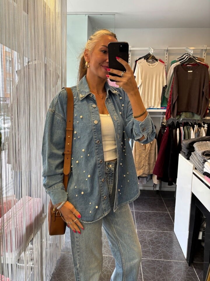 Orj. Marka İncili Mavi Denim Gömlek Ceket