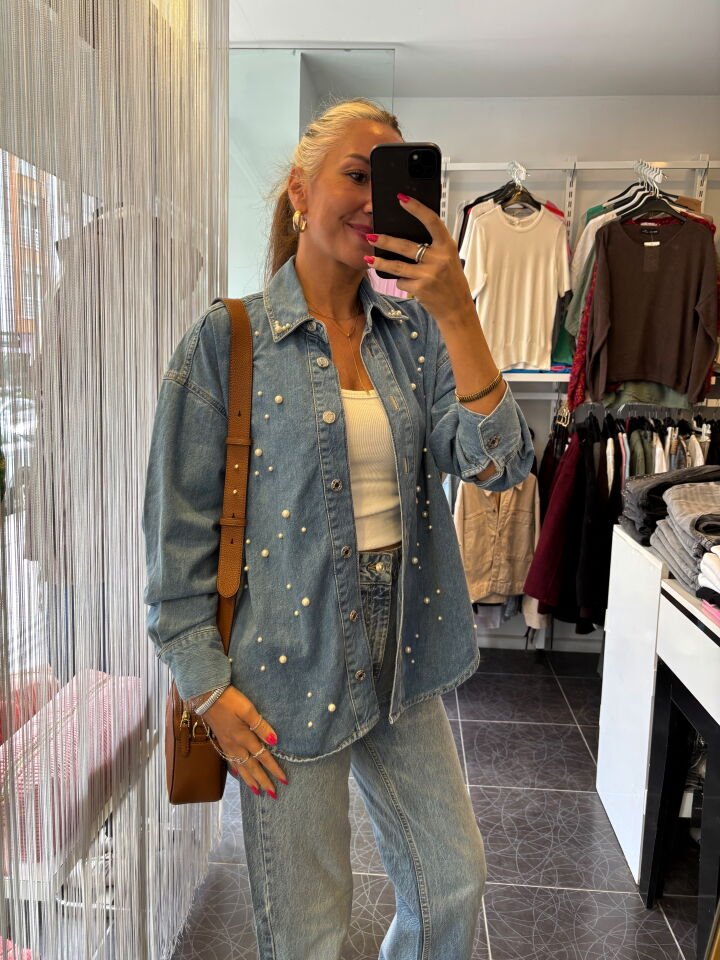 İncili Mavi Denim Gömlek Ceket