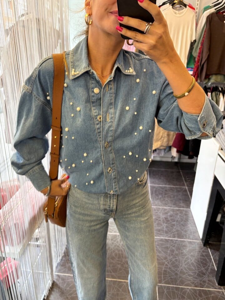 Orj. Marka İncili Mavi Denim Gömlek Ceket