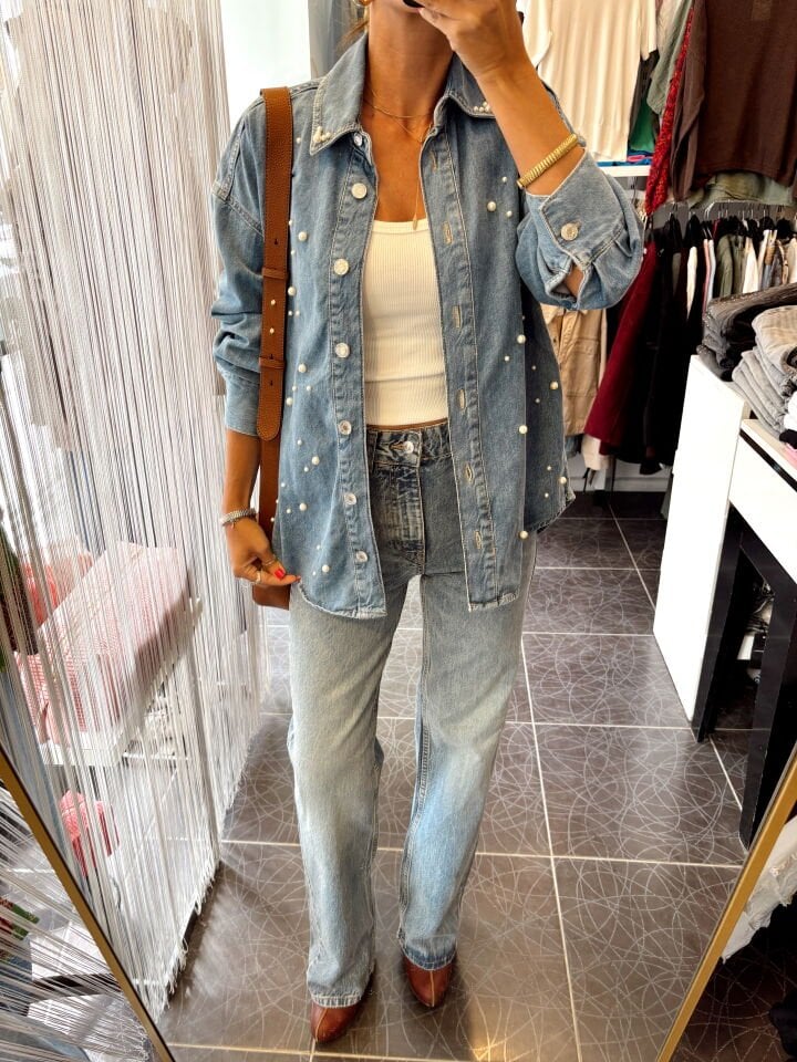 Orj. Marka İncili Mavi Denim Gömlek Ceket