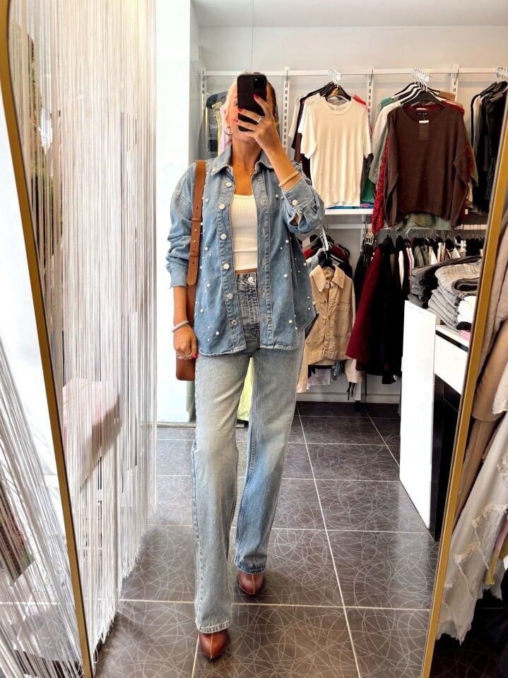 Orj. Marka İncili Mavi Denim Gömlek Ceket