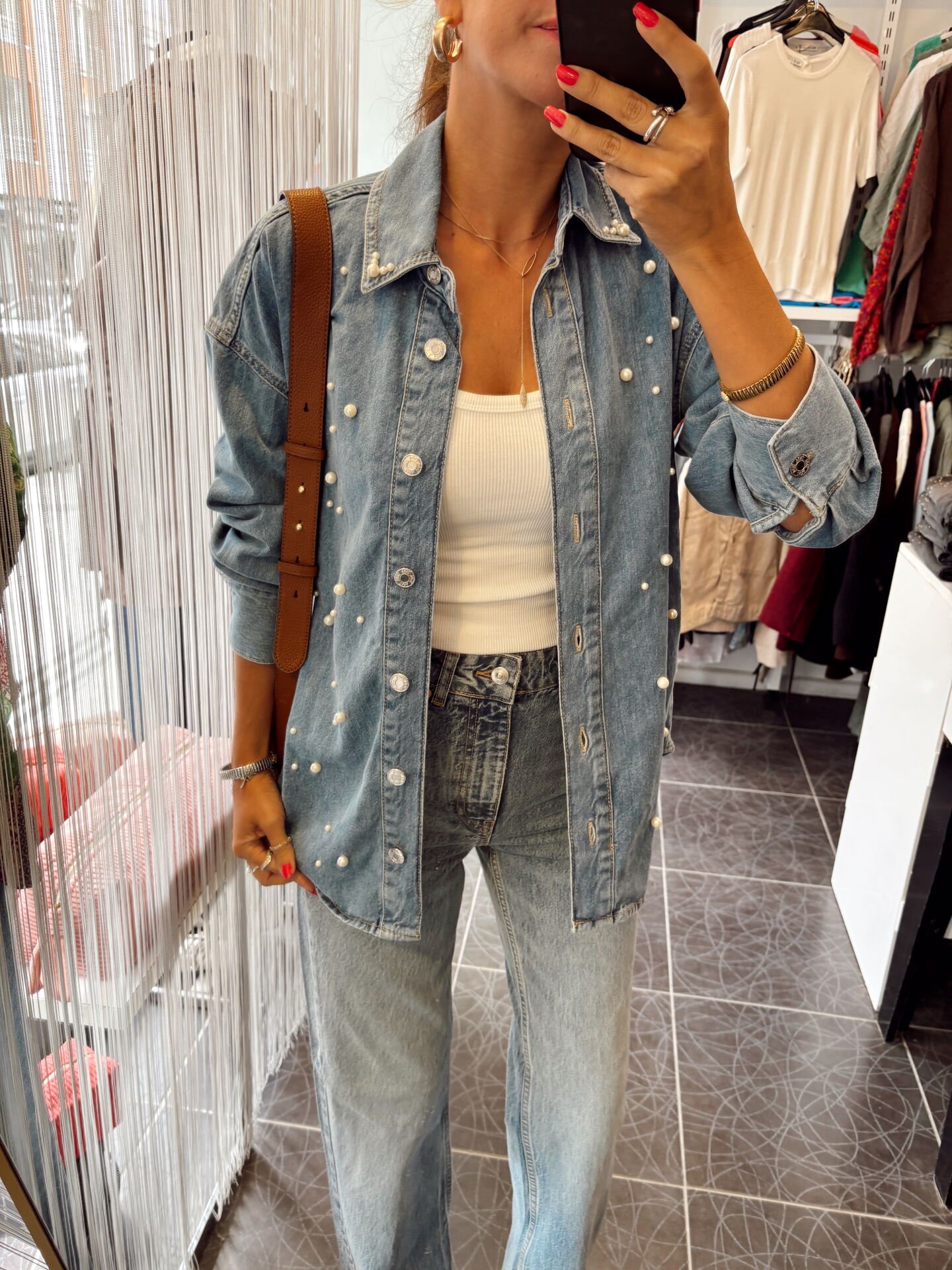 Orj. Marka İncili Mavi Denim Gömlek Ceket