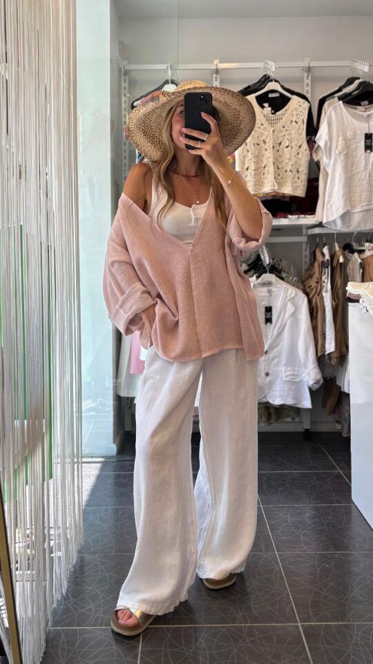 İthal Tek Düğmeli Keten Ceket Soft Pembe