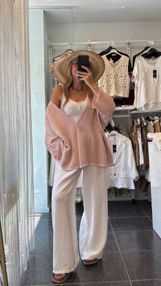İthal Tek Düğmeli Keten Ceket Soft Pembe