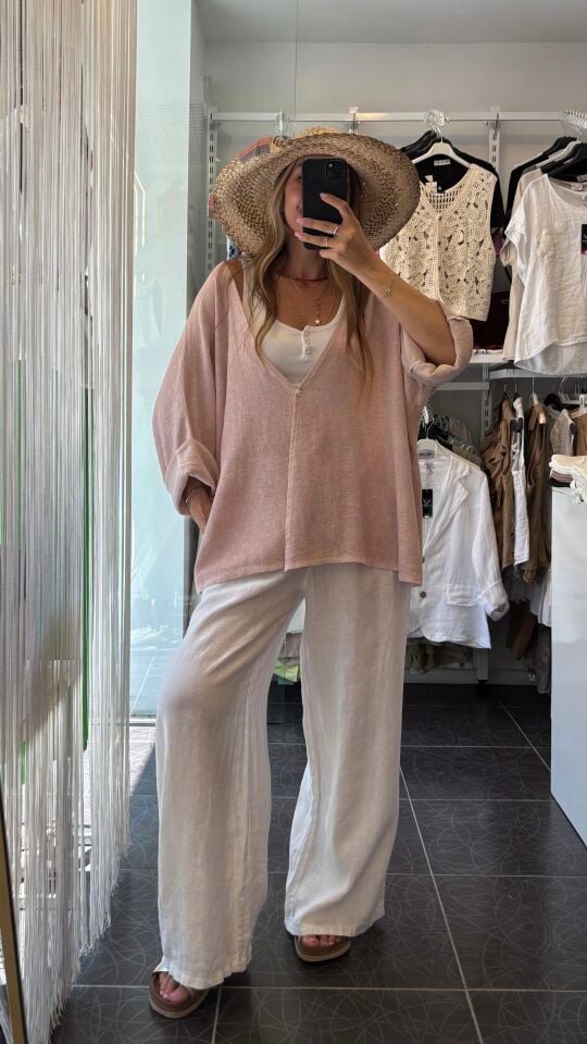 İthal Tek Düğmeli Keten Ceket Soft Pembe