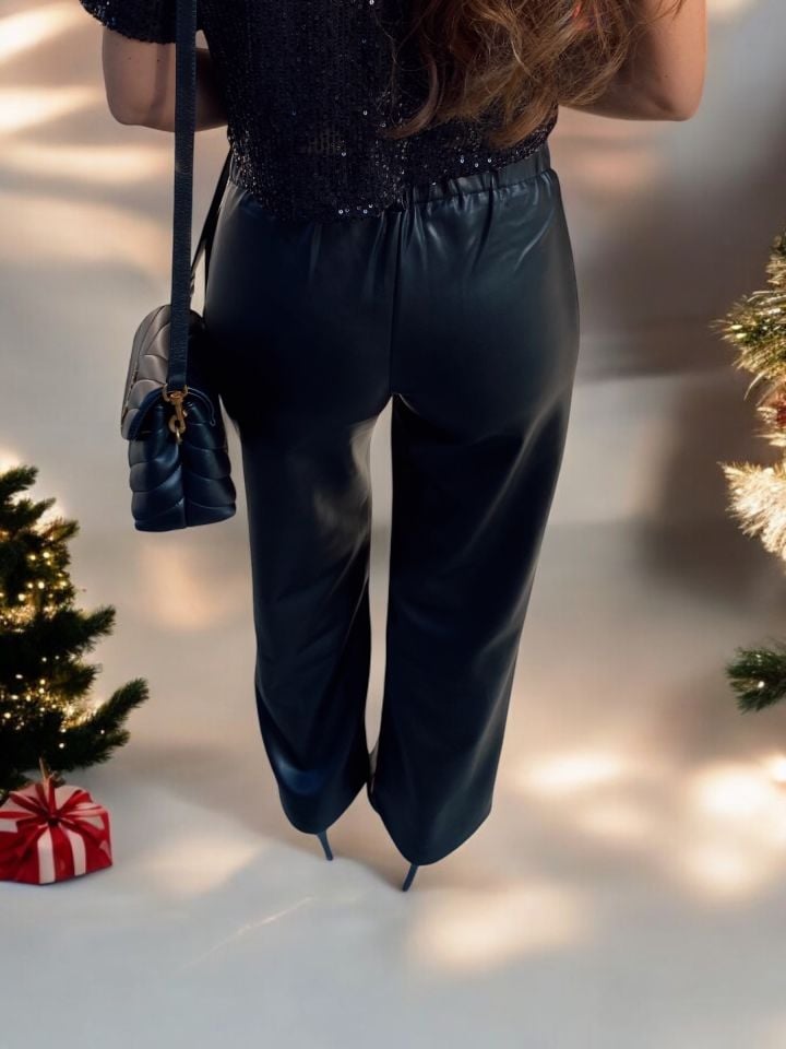 Suni Deri Straight  Pantolon Siyah