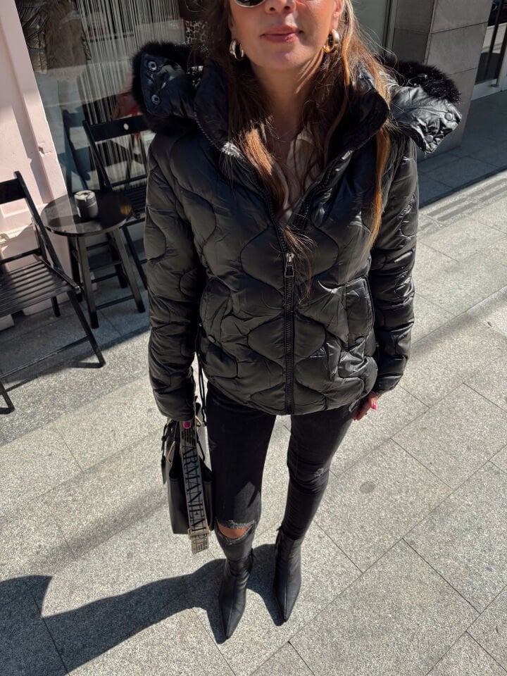 İthal Kürklü Parlak Tasarım Mont Siyah