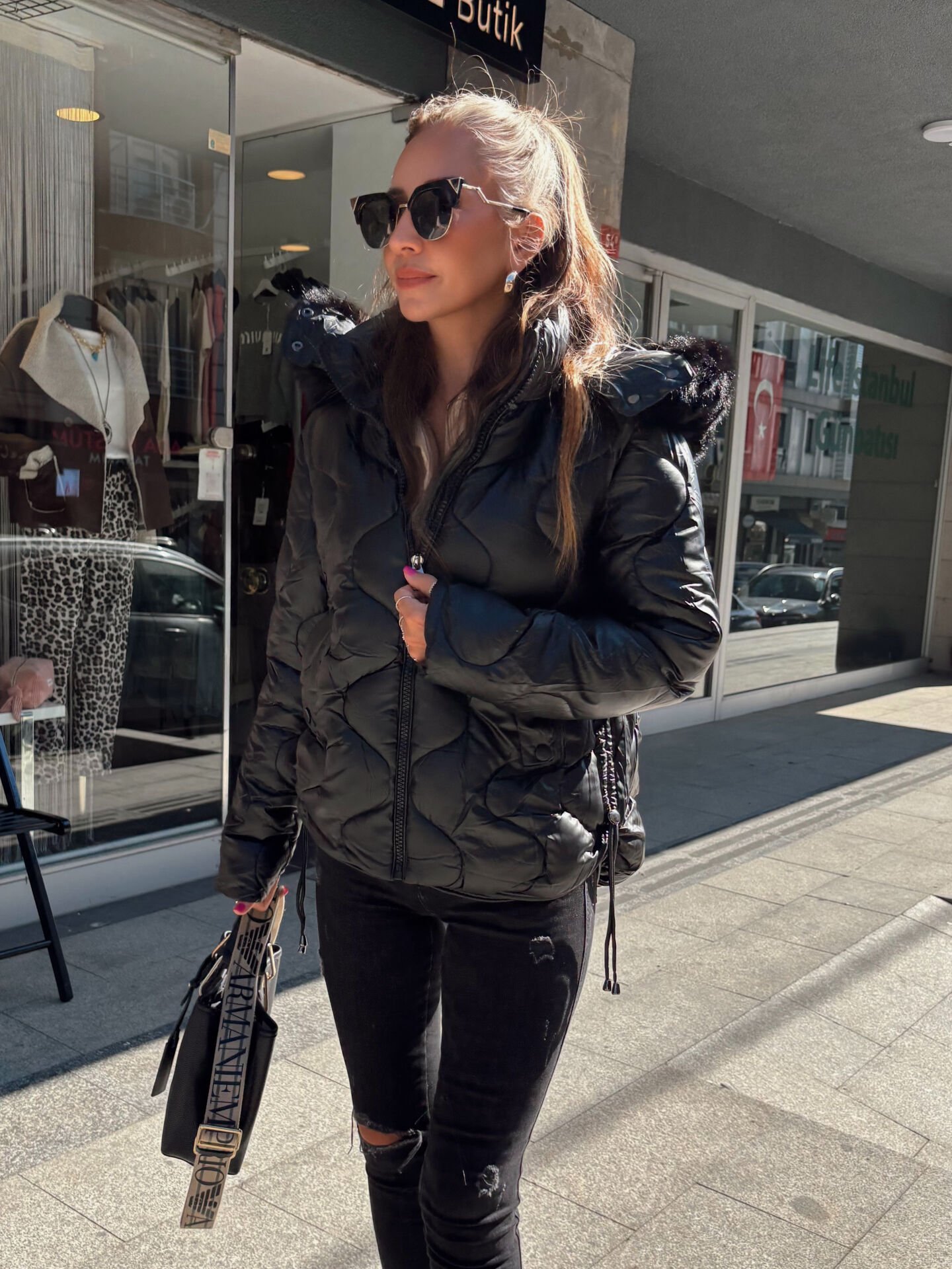 İthal Kürklü Parlak Tasarım Mont Siyah