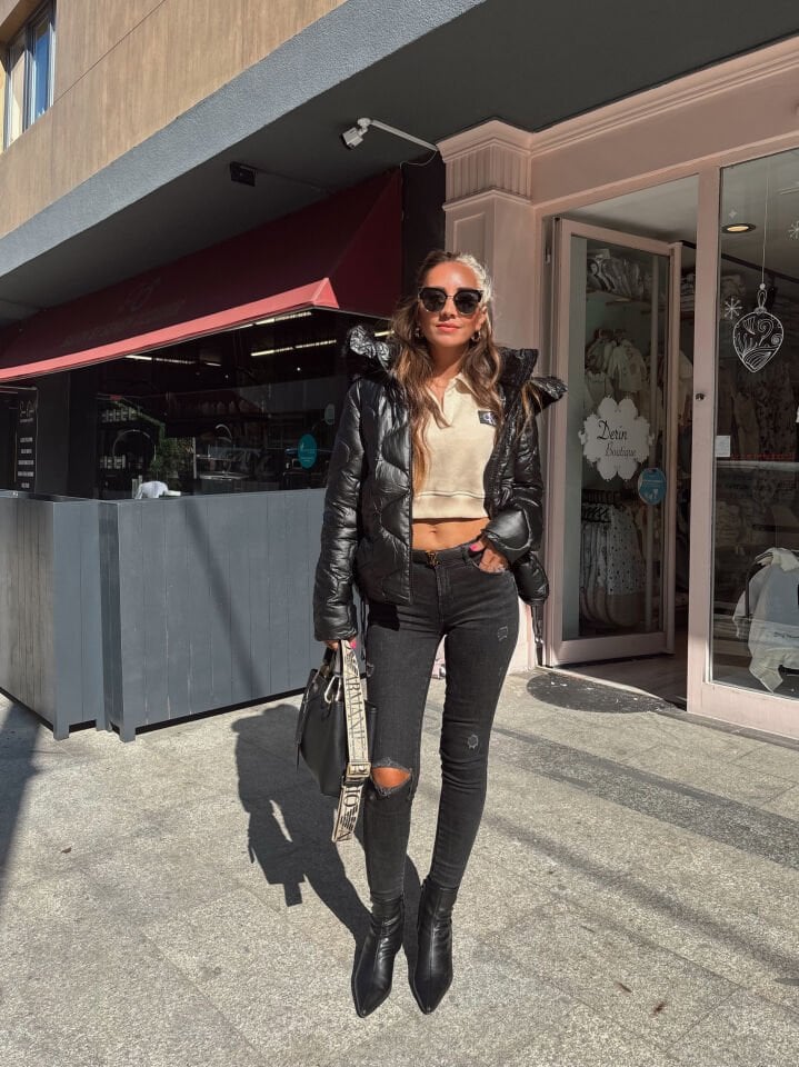 İthal Kürklü Parlak Tasarım Mont Siyah