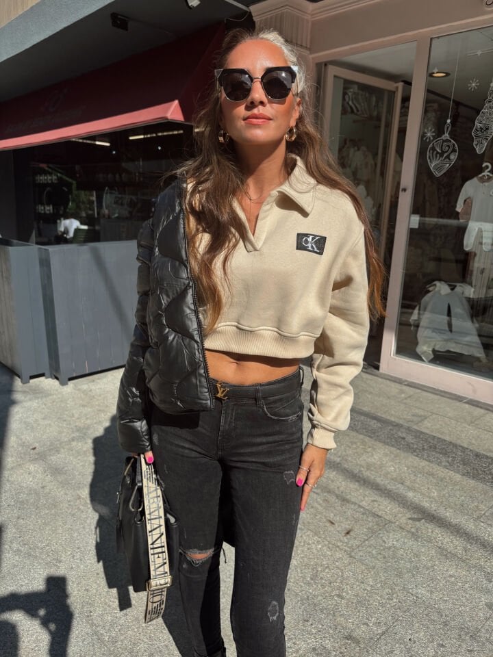 Polo Yaka Crop Sweatshirt