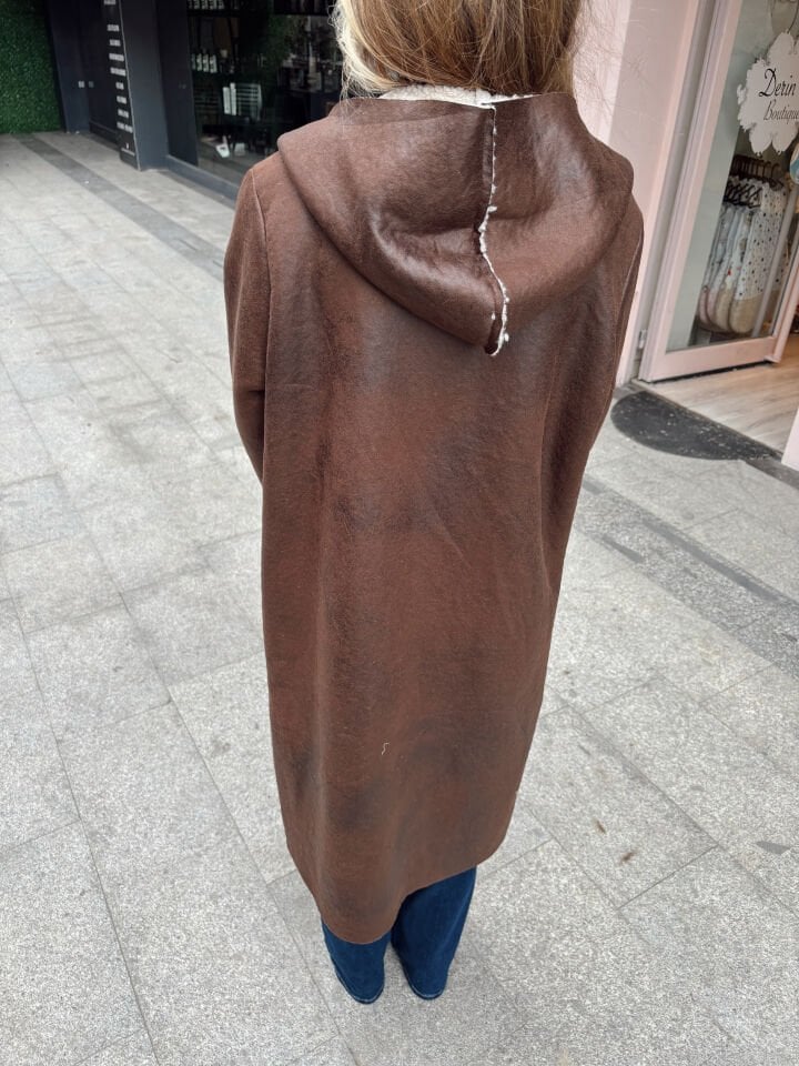 İthal Kürklü Kapüşonlu Nubuk Kaban