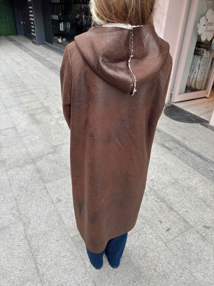 İthal Kürklü Kapüşonlu Nubuk Kaban