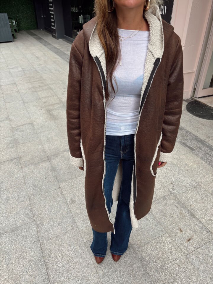 İthal Kürklü Kapüşonlu Nubuk Kaban