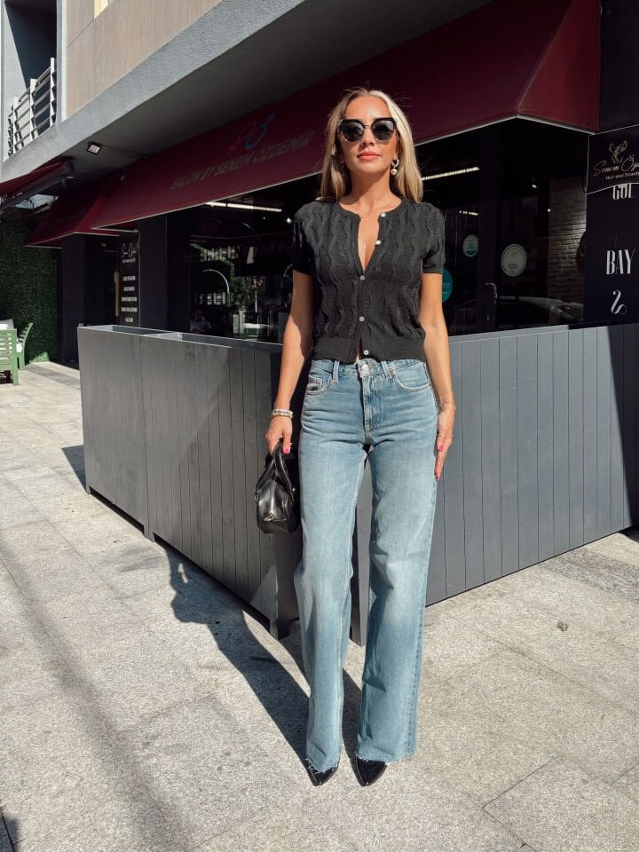 Orj. Wide Leg Taşlanmış Açık Mavi Jean Pantolon