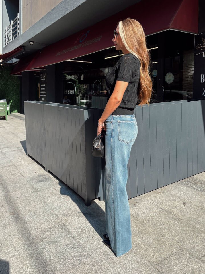 Orj. Wide Leg Taşlanmış Açık Mavi Jean Pantolon
