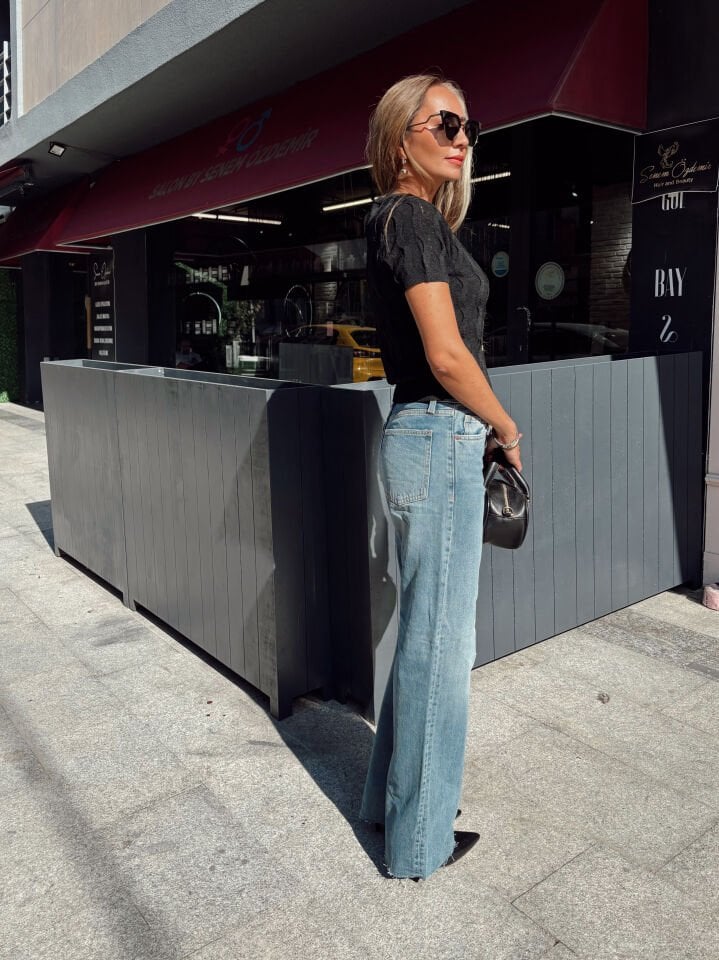 Orj. Wide Leg Taşlanmış Açık Mavi Jean Pantolon