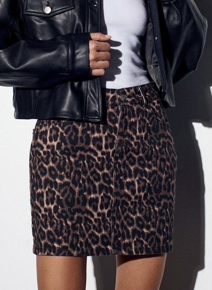 Leopar Desenli Mini Kot Etek Kahve