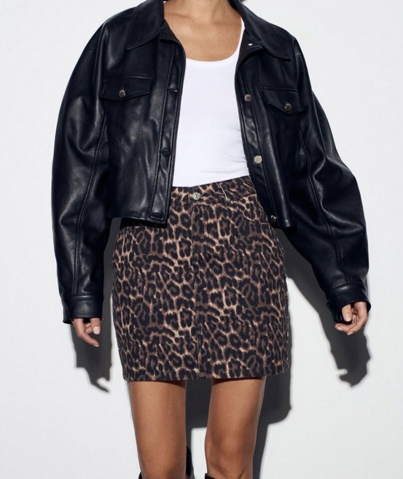 Leopar Desenli Mini Kot Etek Kahve