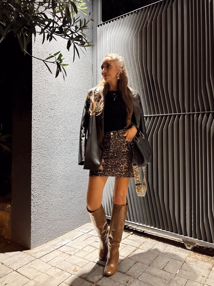 Leopar Desenli Mini Kot Etek Kahve