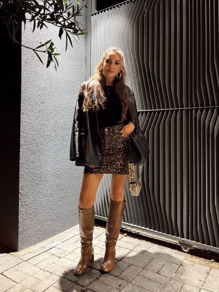 Leopar Desenli Mini Kot Etek Kahve