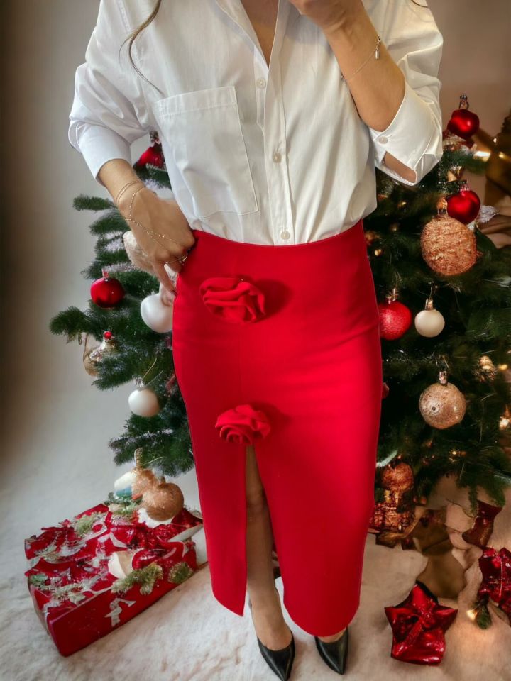 Gül Tasarım Kırmızı Kalem Etek