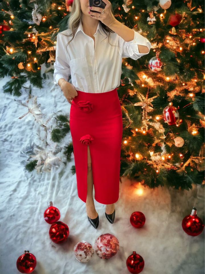 Gül Tasarım Kırmızı Kalem Etek