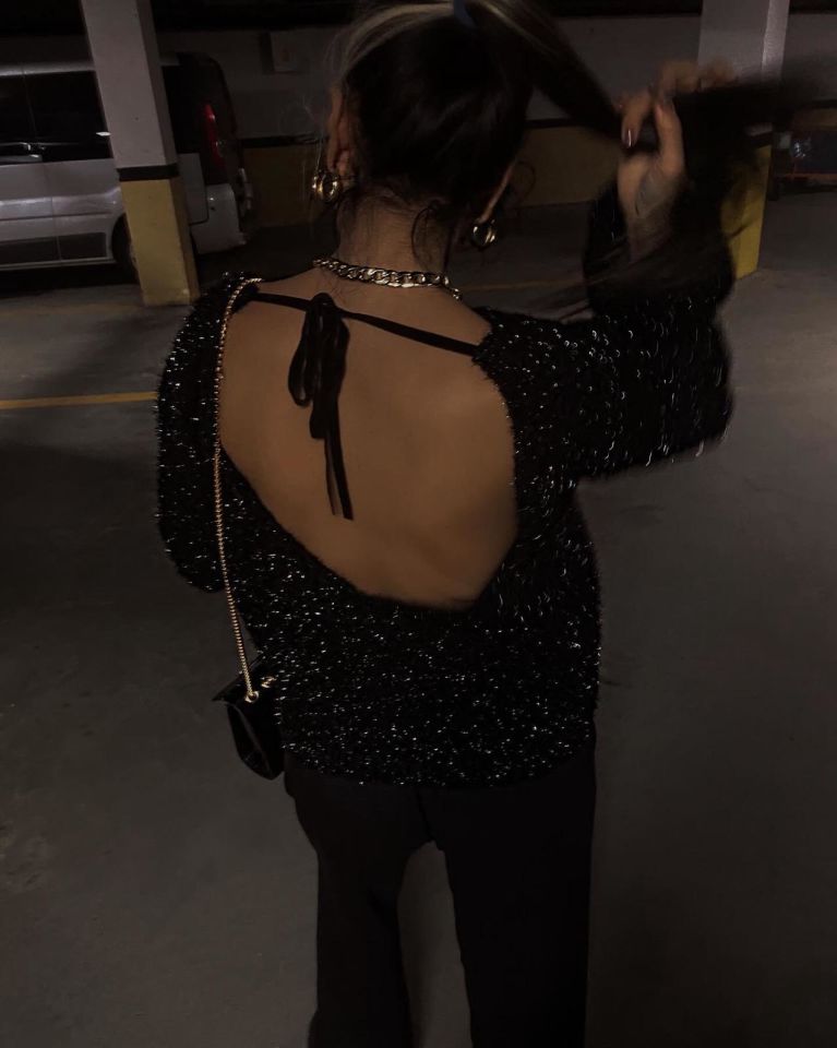 Sırt Dekolteli Simli Kazak Siyah