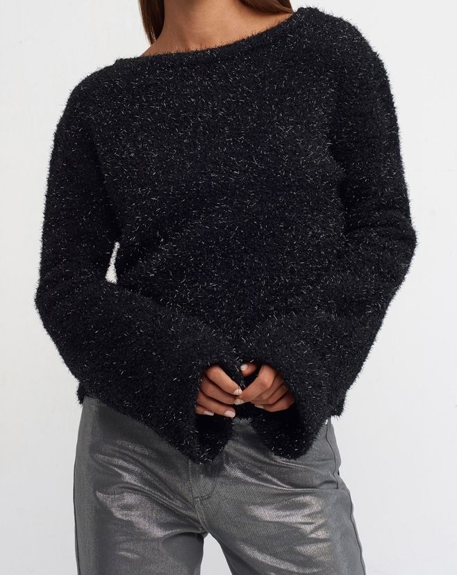 Sırt Dekolteli Simli Kazak Siyah