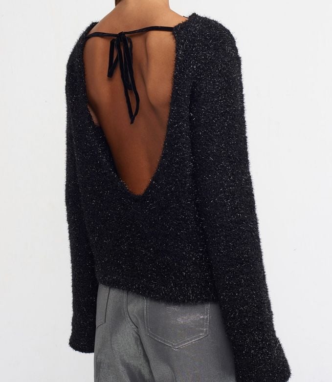 Sırt Dekolteli Simli Kazak Siyah