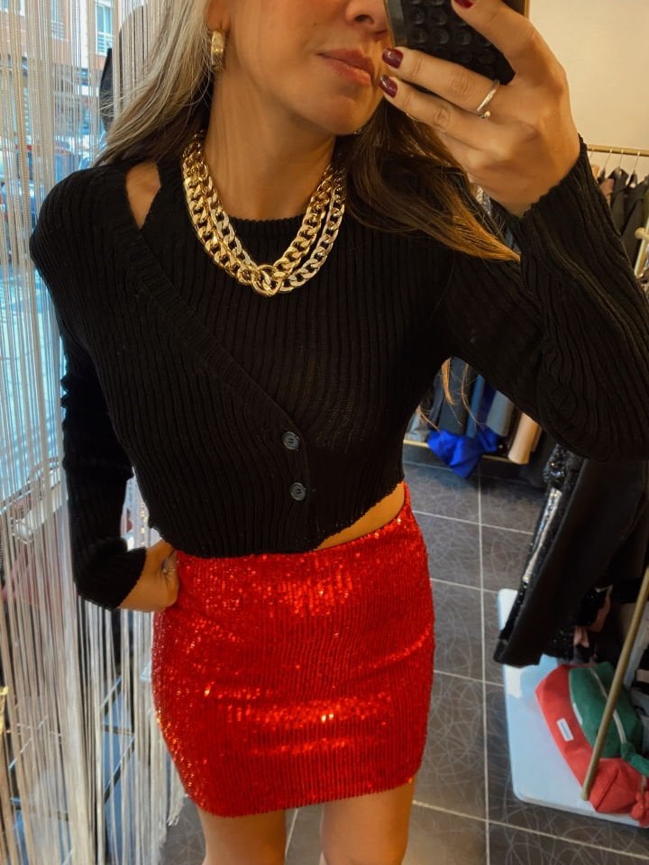 Payetli Mini Kırmızı Etek